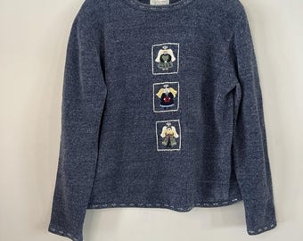 VTG Women's Christopher & Banks Medium Hand Embroidered Blue Angel Sweater