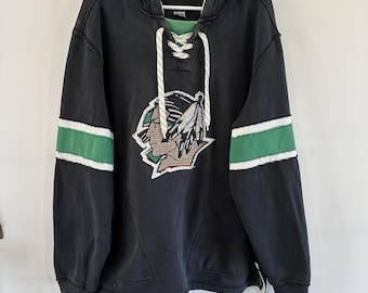 Vtg Men's XL Black Reebok UND Fighting Sioux Hooded Sweatshirt Hoodie READ