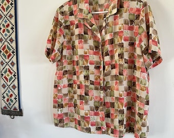 Women Alfred Dunner Coral Tan Pattern Button Up Short Sleeve Sheer 14 Dressy