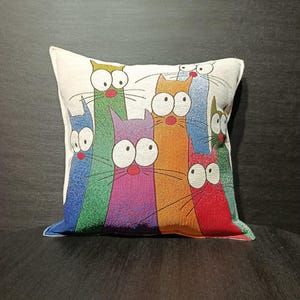 Funny Multicolor Cat Cushion Cover – 40x40 cm Gobelin Tapestry Pillow – Whimsical Cartoon Cat Decor for Sofa or Kids Room