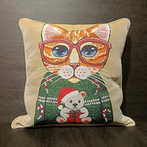 クリスマス猫枕カバー 40 x 40 cm – ゴブラン織りタペストリークッション – セーターを着た猫のホリデーデコレーション – かわいい動物ギフト – お祝いソファデコレーション