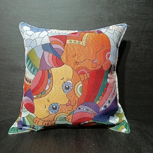 Colorful Sleeping Cats Gobelin Cushion Cover – Whimsical Cartoon Cat Pillow Case – 40x40 cm Decorative Throw Pillow for Cat Lovers