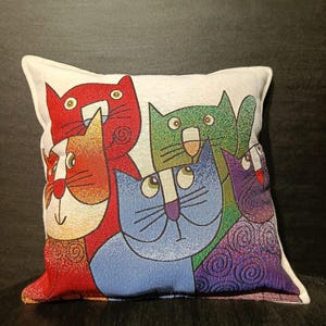 Colorful Abstract Cat Cushion Cover – 40x40 cm Gobelin Tapestry Pillow – Artistic Whimsical Decor for Cat Lovers