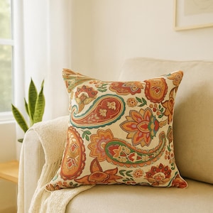 Paisley Gobelin Cushion Cover – 40x40 cm Jacquard Floral Pillow Case – Colorful Boho Tapestry Throw for Sofa or Bed
