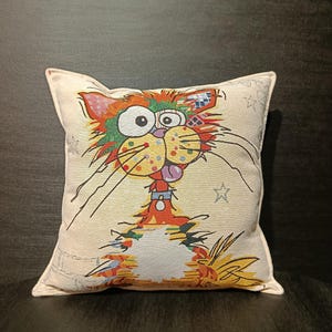 Funny Cartoon Cat Gobelin Cushion Cover – 40x40 cm Woven Tapestry Pillow Case – Whimsical Cat Decor for Sofa, Kids Room, or Gift