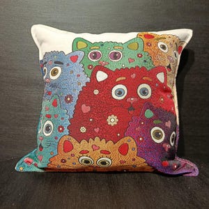 Colorful Cartoon Cat Pillow Cover 40x40 cm – Gobelin Tapestry Cushion – Kawaii Cat Decor – Whimsical Sofa Pillow – Fun Gift for Cat Lovers