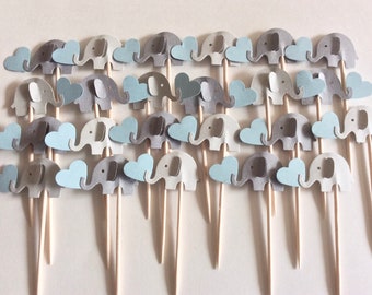 24 elephant  cupcake toppers Light gray /Blue and Dark gray Cupcake Toppers Baby Shower