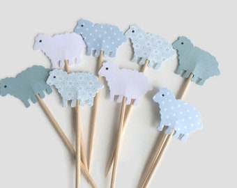 24  Mixed blue   and white sheep  - Cupcake Toppers Baby Shower - Food Picks