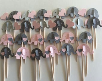 24 elephant cupcake toppers Light gray and pink -Pink and gray Cupcake Toppers Baby Shower