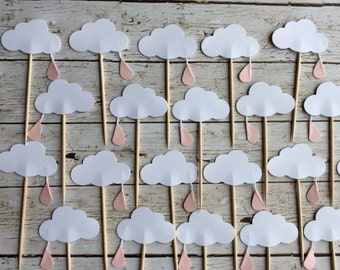 12 Cloud Baby Shower Cupcake Toppers- raindrop Cloud Cupcake Toppers Pink raindrop