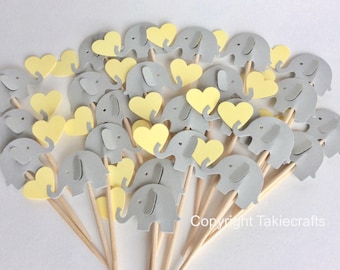 24 elephant cupcake toppers gray and pale yellow - canary color Light yellow Party Picks Baby Shower - Food Picks