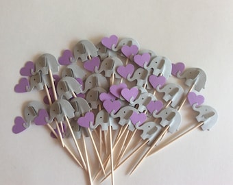 24 elephant gray and light purple hearts - Cupcake Toppers - baby shower- Cupcake Toppers - baby shower