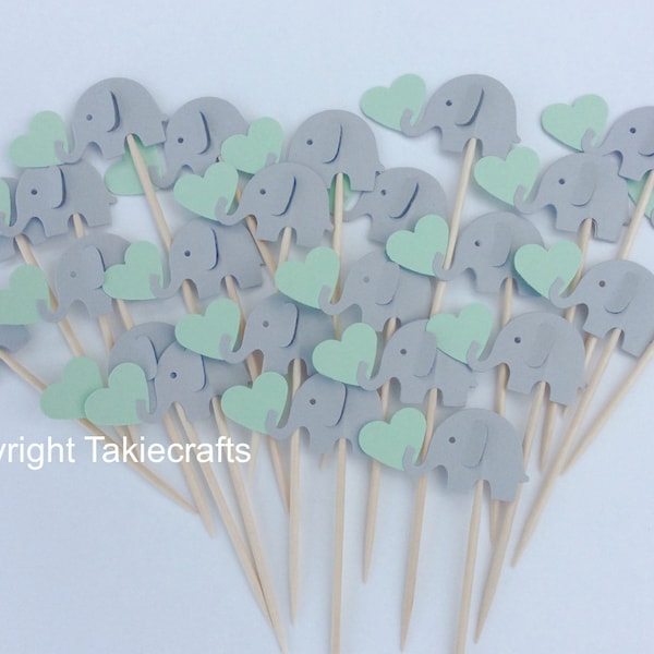 24 elephant cupcake toppers Gray and Mint Green - Party Picks - Cupcake Toppers Baby Shower - Food Picks
