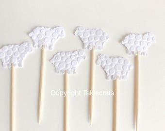 24 White Sheep Cupcake Toppers Baby Shower -Party pick