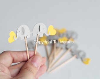 24 elephant  cupcake toppers Light gray/yellow  heart