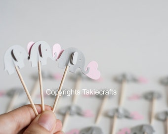 24 elephant  cupcake toppers Light gray and pink -Pink and gray Cupcake Toppers Baby Shower