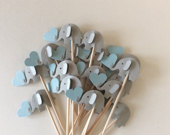 24 elephant cupcake toppers Gray and blue and gray Party Picks - Cupcake Toppers Baby Shower - Food Picks