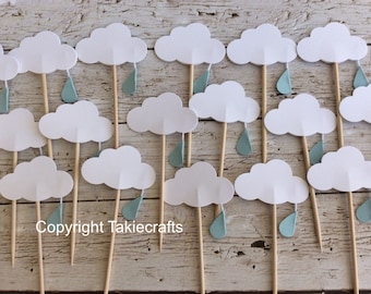 12 Cloud Baby Shower Cupcake Toppers- raindrop Cloud Cupcake Toppers - Food Picks