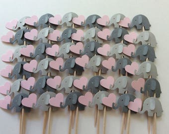 24 elephant  cupcake toppers Light gray and pink -Pink and gray Cupcake Toppers Baby Shower