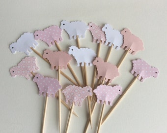 24 Mixed Pink  and white sheep  - Sheep Cupcake Toppers Baby Shower - Food Picks