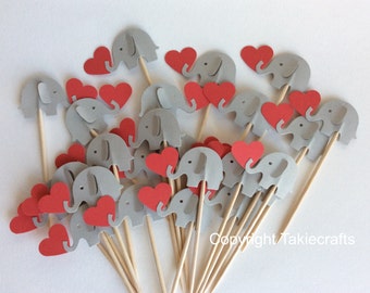 24 gray and red  elephant cupcake toppers Party Picks - Cupcake Toppers Baby Shower - Food Picks