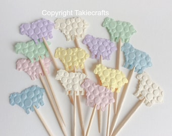 24 Sheep Cupcake Toppers Baby Shower - Pastel colors