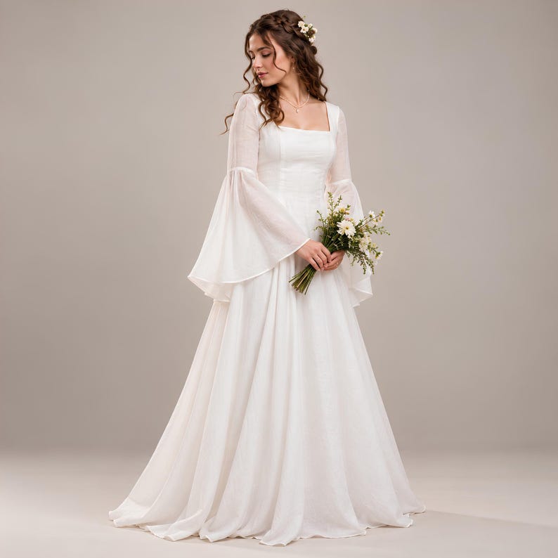 White Cottagecore Wedding Dress, Medieval Bridal Gown, Bell Sleeve