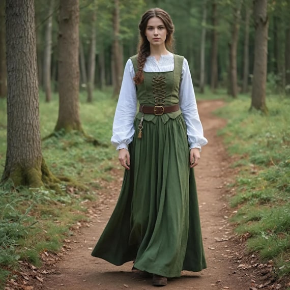 forest green peasant dress Handmade Costume, Tavern Wench Renaissance Faire Cottagecore Gown drop:H26_May_07.05