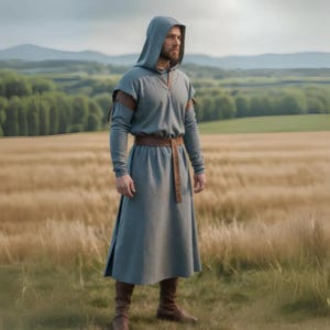 Steel Gray Warrior Men Long Hooded Tunic, Monk Style Religious Apparel for Men, Ancient Tribesman Old School Costume, Ren Fair LARP Cosplay
