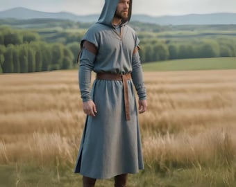 Steel Gray Hooded Tunic: Men's Monk Style Costume, Ren Fair LARP