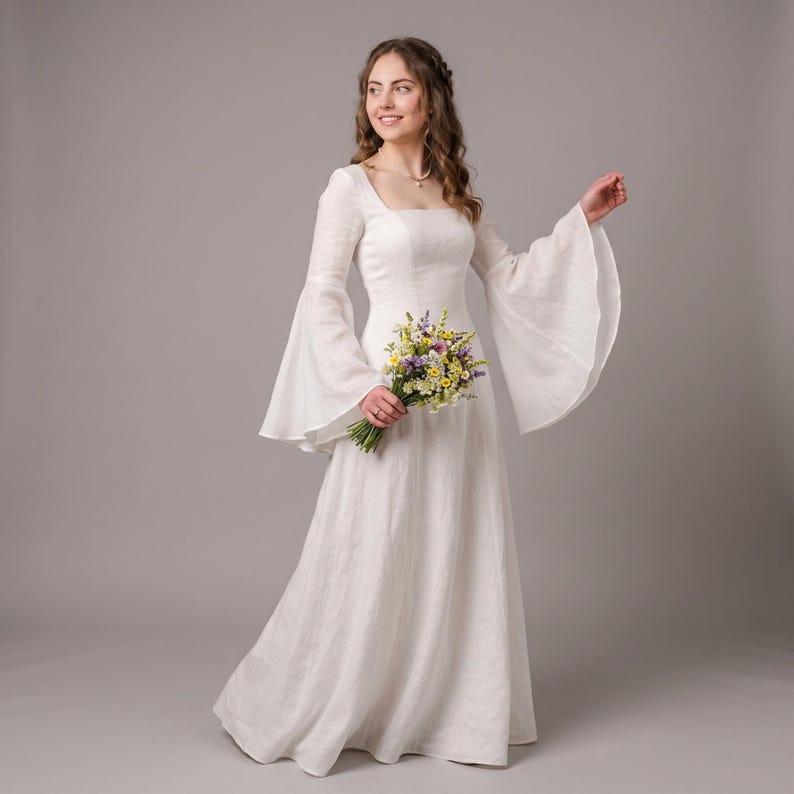 White Cottagecore Wedding Dress, Medieval Bridal Gown, Bell Sleeve
