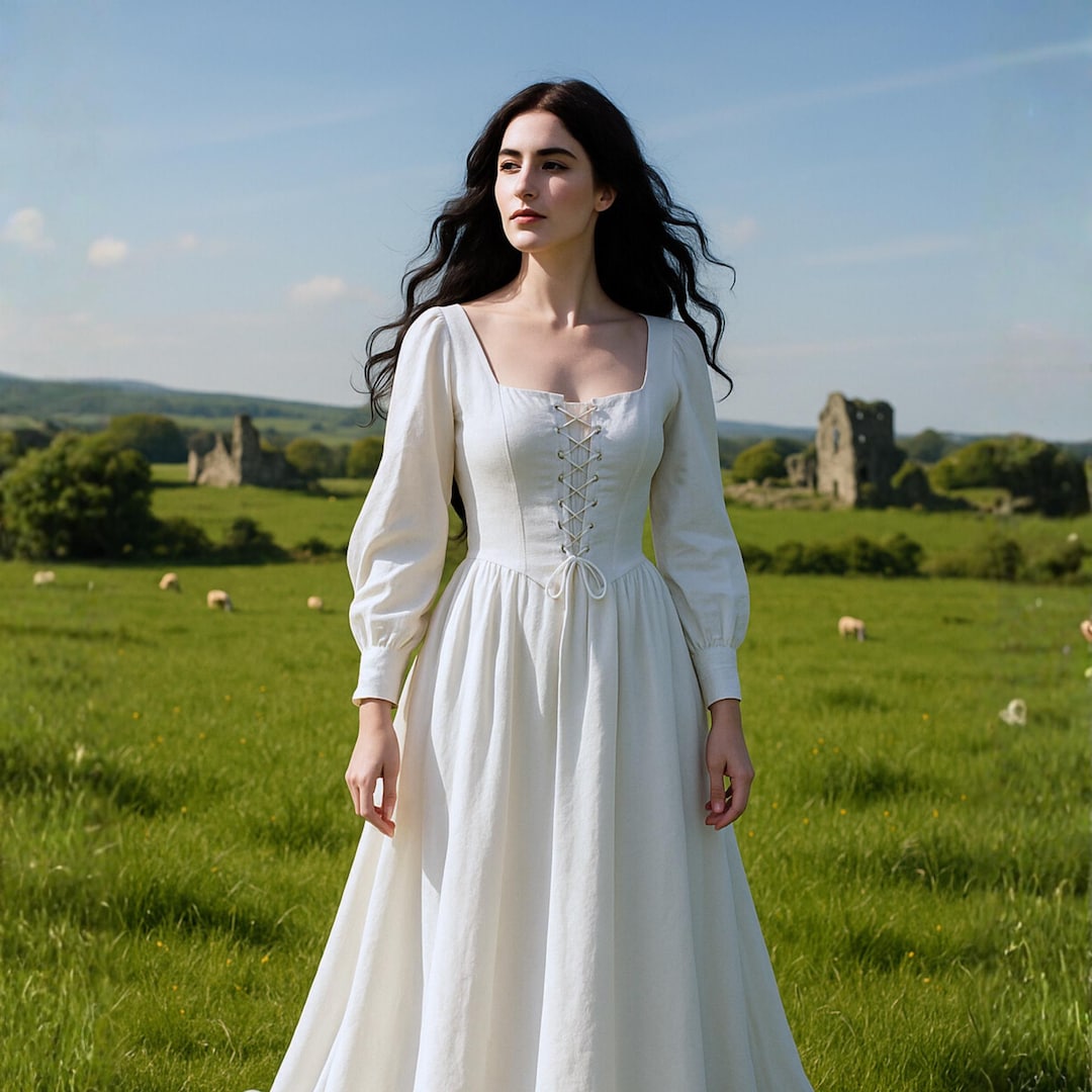 Boho White Renaissance Long Sleeved Women Full Length Dress, Victorian ...