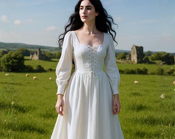 Vestido largo bohemio renacentista blanco de manga larga para mujer, disfraz victoriano romántico de cuento de hadas para niña, vestido de boda medieval con cordones.