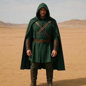 Green Archer Men Warrior Outfit, Hooded Cape with inner shirt, Fighter Arrow Fighter Costume, Men&#39;s Renaissance Dress, Hooded Cloak & Tunic