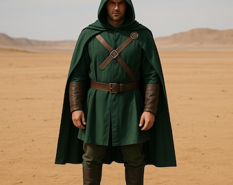 Green Archer Men Warrior Outfit, Hooded Cape with inner shirt, Fighter Arrow Fighter Costume, Men&#39;s Renaissance Dress, Hooded Cloak & Tunic