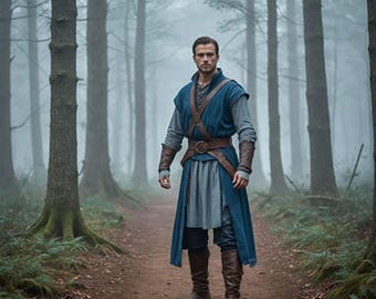 Könnte beinhalten: Eine Person in mittelalterlicher Kleidung steht auf einem Pfad in einem Wald. Das Outfit umfasst eine blaue Tunika, ein graues Hemd, einen braunen Ledergürtel und Stiefel. Der Hintergrund zeigt hohe Bäume und eine neblige Atmosphäre.