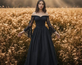 Gothic Dark Witch Long Maxi for Women, Off shoulder Corset Net Sleeves Renaissance Gown, Halloween Witchcraft Queen Dress, Evil Cottagecore
