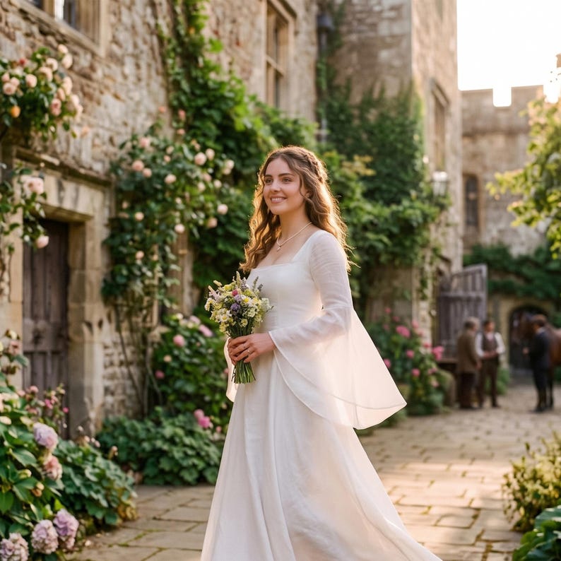 White Cottagecore Wedding Dress, Medieval Bridal Gown, Bell Sleeve