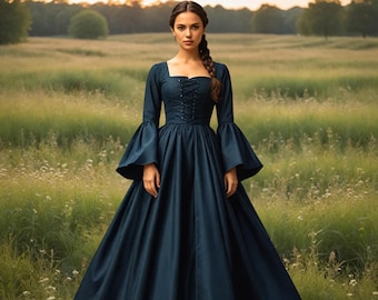 Navy Blue Silky Evening Renaissance Gown, Corset top Lace up Evening Dress for Women, Gothic Evil Queen Maxi Dress, Princess Ball Gown