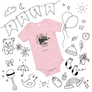 May include: Pink baby bodysuit with a cartoon vulture playing a violin. The text on the bodysuit reads "VULTURE VIOLA" and "Animals with instruments". The background features hand-drawn baby-themed doodles, including a banner that says "BABY".