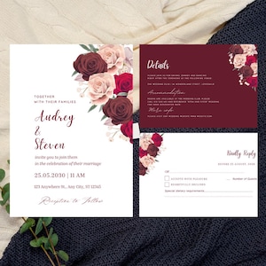 Modelo de convite de casamento em tom bordô | Conjunto de casamento floral Canva | Conjunto de convites românticos de outono para download