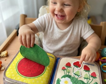 Libro sensorial de fieltro con forma de fruta, libro de actividades Montessori hecho a mano para bebés, juguete sensorial de frutas, regalo de Navidad para niños pequeños, regalo de primer cumpleaños.