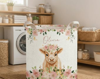 Cesta de ropa sucia acolchada con diseño de vaca de las Tierras Altas, cesta de ropa sucia rústica bordada, bonita decoración para el lavadero, cesta de tela con osito de peluche