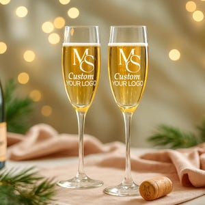 Custom Logo Engraved Champagne Glasses – 8oz Personalized Flutes for Corporate Parties, Wedding Favors