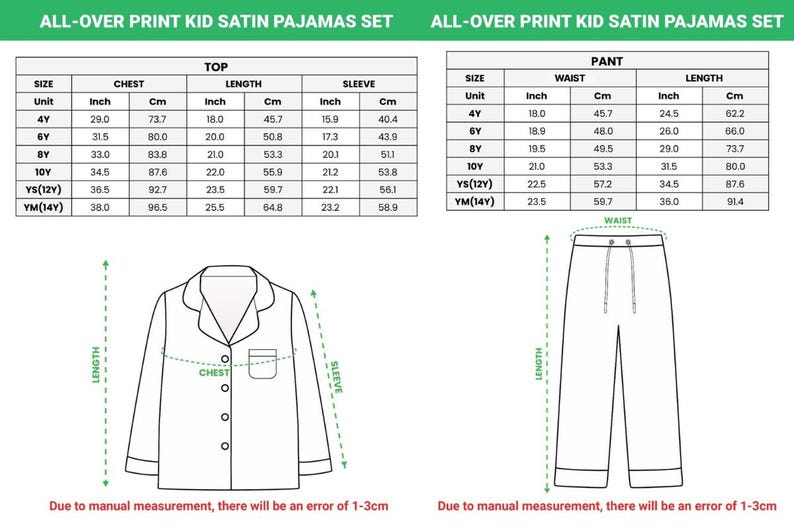 May include: Diagram of a satin pajama set for kids, including a top and pants. The top has measurements for chest, length, and sleeve in inches and centimeters. The pants have waist and length measurements in inches and centimeters. Text reads "ALL-OVER PRINT KID SATIN PAJAMAS SET".