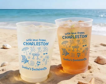 Vasos con amor desde Charleston, vasos personalizados para despedida de soltera, recuerdos de despedida de soltera con temática costera, último brindis en la costa, viaje a la playa para la despedida de soltera.