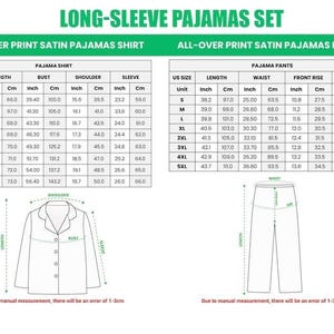 Puede incluir: Diagrama de un conjunto de pijama de manga larga, que incluye una camisa y un pantal&oacute;n, con medidas en cent&iacute;metros y pulgadas. El texto dice "Conjunto de pijama de manga larga" y "Pijamas de sat&eacute;n con estampado integral".