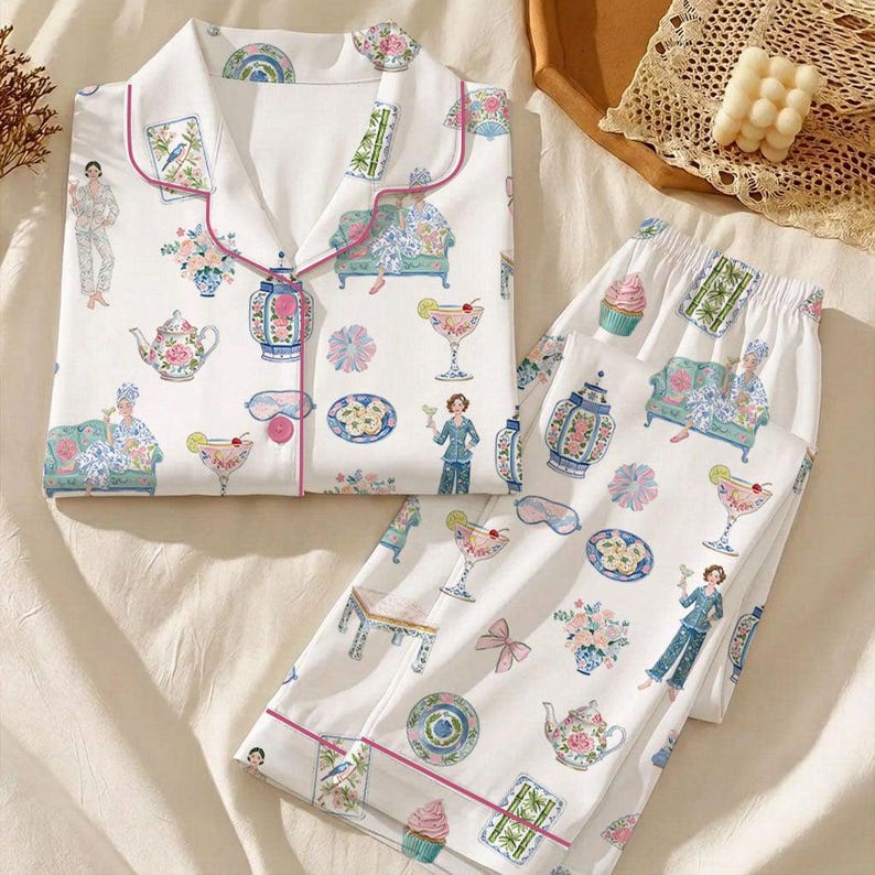 May include: A white pajama set featuring a button-down long-sleeve shirt with a notched collar and matching elastic-waist pants. The fabric is decorated with a colorful print of people, floral vases, teapots, cocktails, and cupcakes.