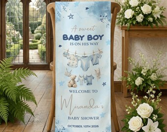 Banner personalizado para baby shower de niño, letrero de bienvenida para baby shower con nombre, decoración para la fiesta de la futura mamá, fondo personalizado para baby shower de niño