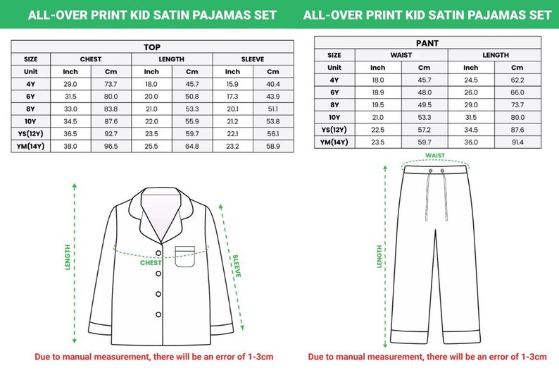 Puede incluir: Diagrama de un conjunto de pijama de sat&eacute;n para ni&ntilde;os, que incluye una parte superior y pantalones. La imagen proporciona tablas de tallas con medidas en pulgadas y cent&iacute;metros para el pecho, la longitud, la manga y la cintura. El texto dice "ALL-OVER PRINT KID SATIN PAJAMAS SET."